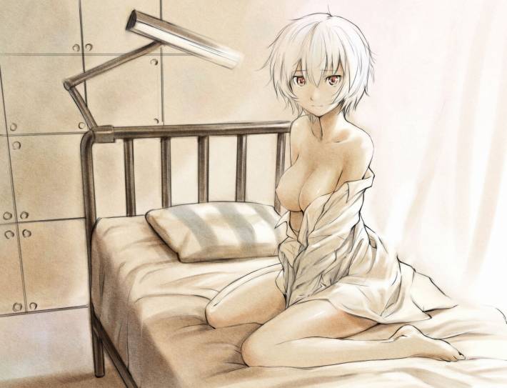 ayanami rei, evangelion, eva, кровать, грудь