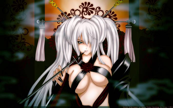 девушка, грудь, трубка, mahou tsukai kurohime