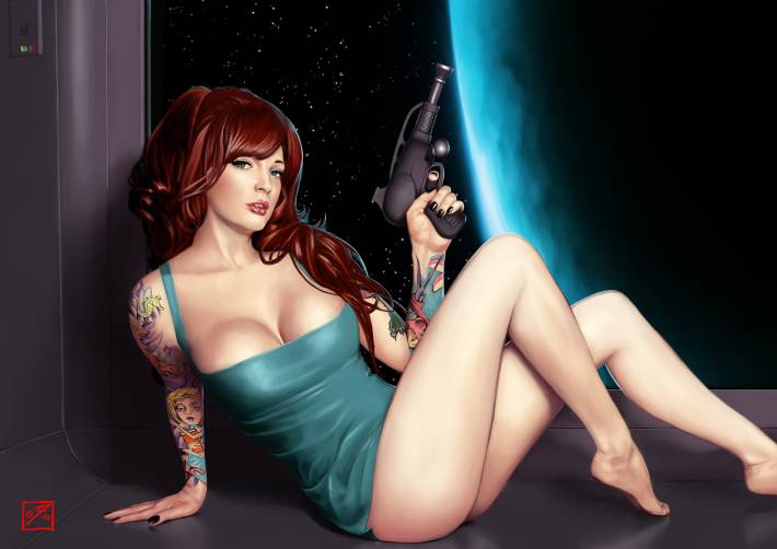 babe in space, девушка, космос, оружие   - Фото обои