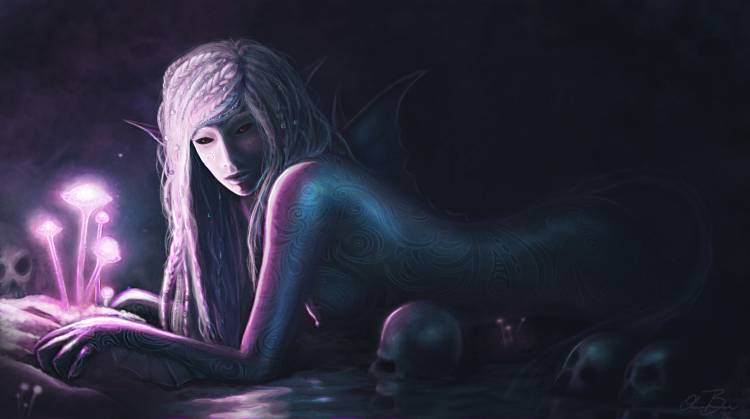 арт, vierdah, девушка, ночь, черепа, уши