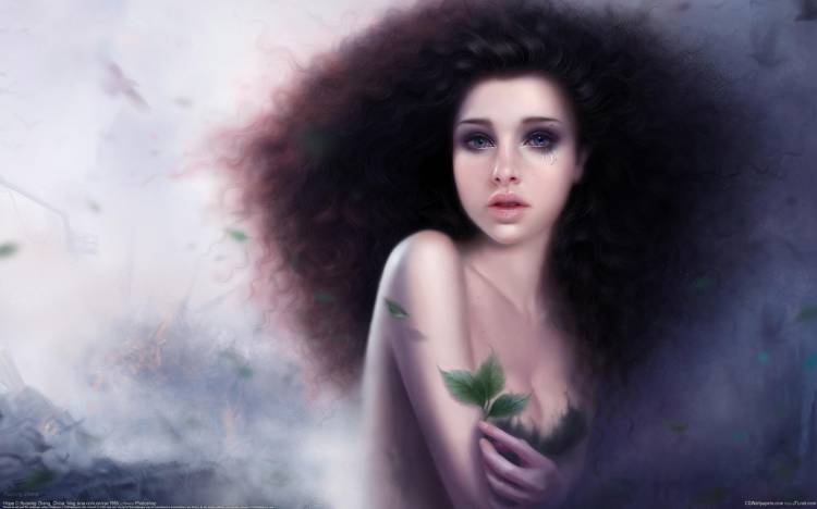 арт, ruoxing zhang, девушка, листья, волосы