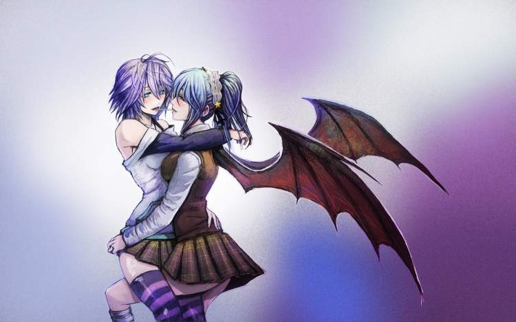 Обои Kurono kurumu, rosario vampire, shirayuki mizore, вампиры, вместе, крылья, фон на рабочий стол