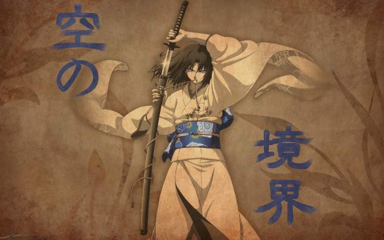 Обои Японская иероглифы, kara no kyoukai, катана, кимоно, ryougi shiki, оголить мечь на рабочий стол