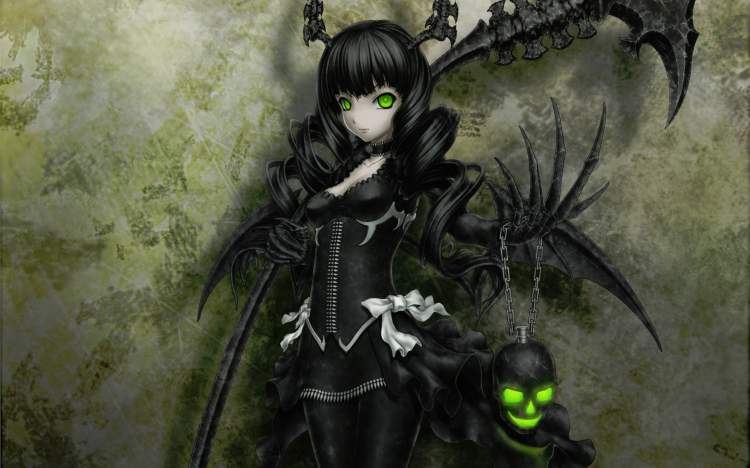 Обои Black rock shooter, зелёные глаза, череп, ухмылка, черная магия на рабочий стол